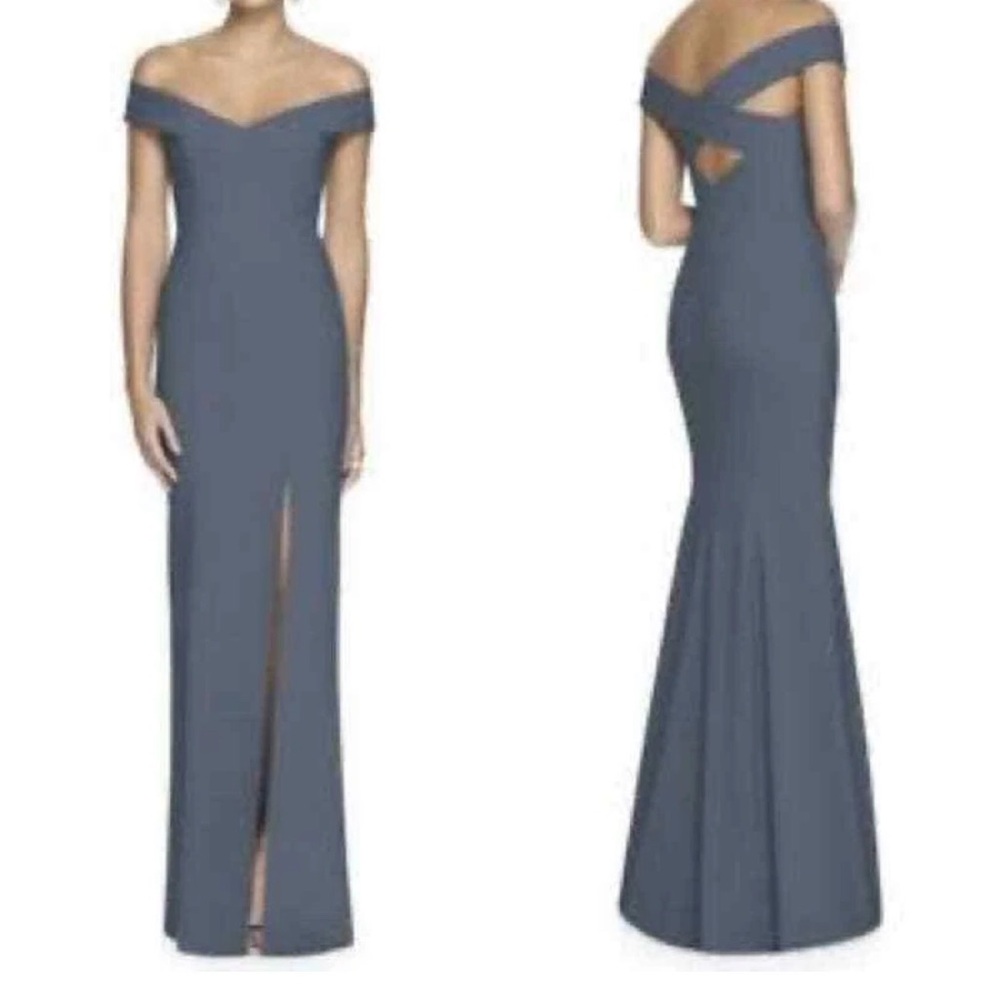 Dessy Collection Gown Size 4 Womens Silverstone Off Shoulder Column Crossback